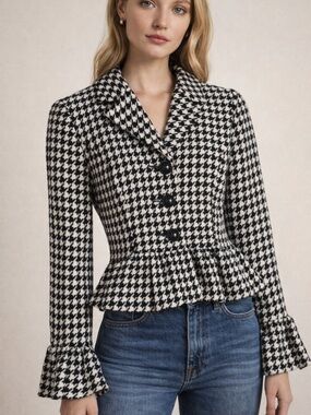 Charles Gray London Houndstooth Peplum Blazer Jacket Black White Flare Cuff